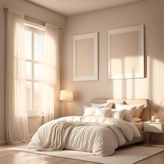 Mockup white empty frame in light cozy and simple bedroom interior background, 3d render