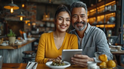 Fototapeta premium A couple enjoys a relaxed evening together in a cafe, sharing a tablet and smiling warmly