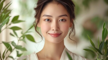 Naklejka premium A close-up portrait of a woman smiling, framed by green leaves