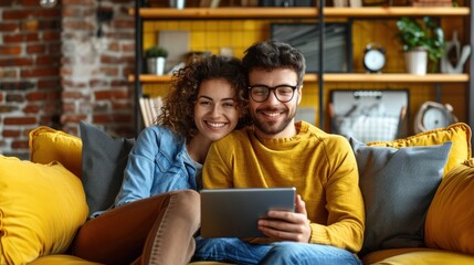 A young couple relaxes on a yellow couch, using a tablet and sharing a moment of togetherness