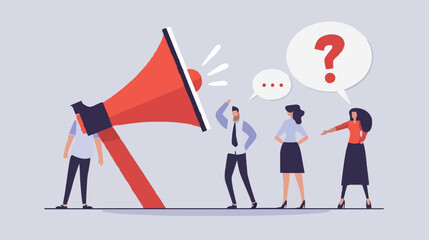 People announce advertising with megaphone vector illustration. Awareness focus loud speaker man and woman. Business banner marketing group media. Speech news promotion network leadership poster