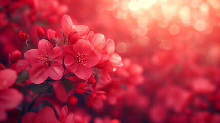A close up of red flowers with a blurry background. The flowers are in full bloom and the red color is vibrant and eye-catching. Concept of beauty and freshness, as well as a feeling of warmth