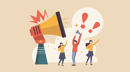 People announce advertising with megaphone vector illustration. Awareness focus loud speaker man and woman. Business banner marketing group media. Speech news promotion network leadership poster