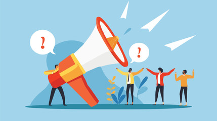 People announce advertising with megaphone vector illustration. Awareness focus loud speaker man and woman. Business banner marketing group media. Speech news promotion network leadership poster