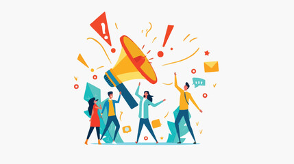 People announce advertising with megaphone vector illustration. Awareness focus loud speaker man and woman. Business banner marketing group media. Speech news promotion network leadership poster