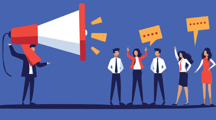 People announce advertising with megaphone vector illustration. Awareness focus loud speaker man and woman. Business banner marketing group media. Speech news promotion network leadership poster