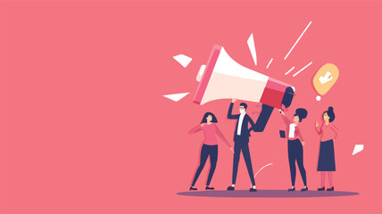 People announce advertising with megaphone vector illustration. Awareness focus loud speaker man and woman. Business banner marketing group media. Speech news promotion network leadership poster