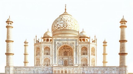 Beautiful front view of the Taj Mahal with intricate details and symmetry under bright daylight, showcasing its architectural grandeur.