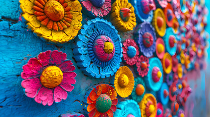 Colorful flowers on a wall in Mexico, adding vibrancy and beauty to the surroundings.