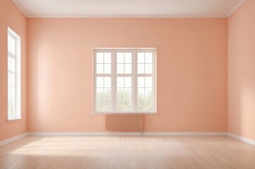 Fototapeta premium Spacious room with peach colored walls large window and wooden floors sunlight illuminates