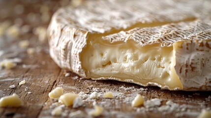 Close-up of a soft Norman Camembert with white mold: exquisite French cheese.