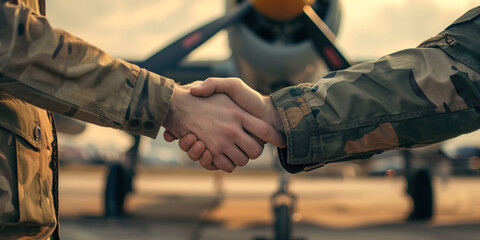 Unity, diversity, and global collaborat. Two military men shaking hands in front of airplane, cooperation, partnership, successful business agreements in international travel