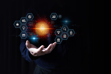 Hand and brain virtual AI technology analyzing processing for digital system development big data knowledge innovation future digital transformation and strategy business management.