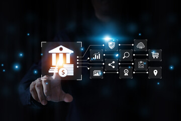 Digital marketing with graph and social media technology for growth planning or internet mobile banking bill payment or online shopping or financial cyber security and customer service concept.