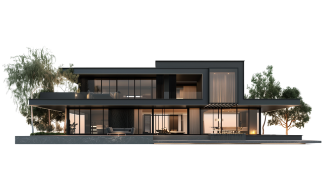 Dark Color Modern House Isolated on Transparent Background