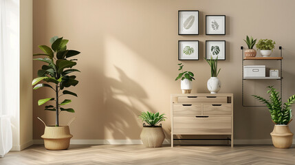 Houseplant, pictures, shelving unit and chest of drawers near beige wall in stylish room 