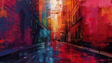 Vibrant abstract painting of a street, with vivid colors blending seamlessly, creating a unique visual experience.