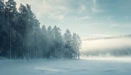 Fototapeta premium In winter, the sky is blue and white, with dense trees on both sides of an endless frozen lake in front