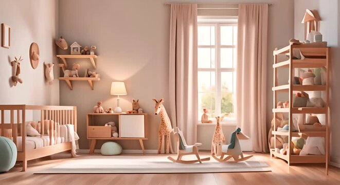 Mock-up of a children's room with Farmhouse style wooden furniture

