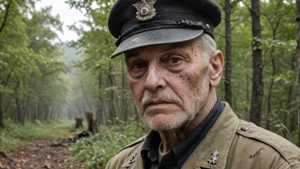 Fototapeta premium Portrait of a Senior Man in Military Uniform Standing in the Woods