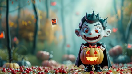 Cartoon Vampire with Halloween Pumpkin