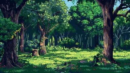 Forest landscape with 8 bit pixel art game screen style.