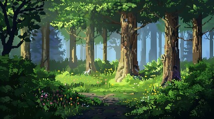 Forest landscape with 8 bit pixel art game screen style.