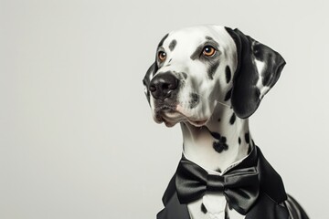 Dalmatian with a Bow Tie and Tuxedo: A sophisticated Dalmatian wearing a bow tie and tuxedo, exuding elegance and class with a polished look. photo on white isolated background