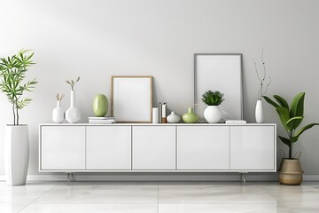 Minimalist white and grey living room with a modern sideboard cabinet, vases, and books on top of the cabinets