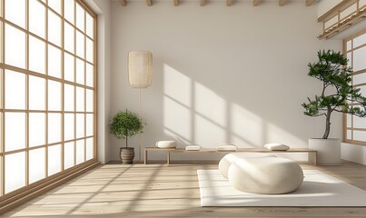 Minimalist interior design of living room in white and wood colors, in the style of Japanese style mock up