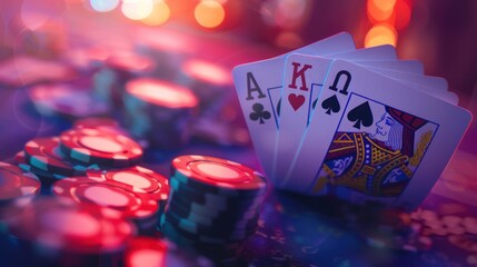 casino gambling poker deck Casino chips on the playing table