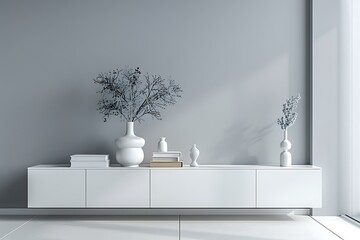 Minimalist white cabinet with books and vases on top, against gray wall in a modern living room interior, 3D rendering illustration of home decor