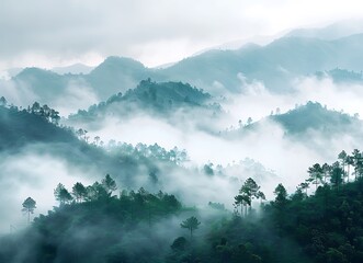 Mist in the morning at HKeys, Vietnam forest and mountain landscape