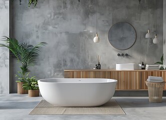 Modern bathroom interior with gray walls, a freestanding bathtub and wooden cabinet