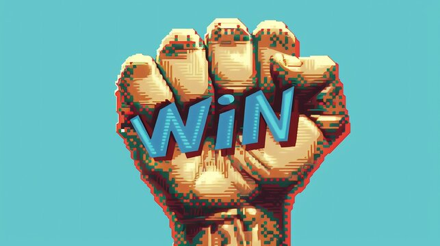 You win text on light blue background, 8 bit pixel game style