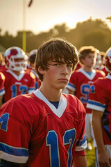 Fototapeta premium High school teenage boy leading his football team onto the field before a game, exuding determination and team spirit