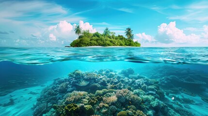 Clear turquoise sea water Beautiful underwater view of a small island. Above and below the surface of the tropical oceans