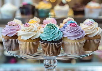 An elegant display of assorted cupcakes with intricate frosting designs, set on a glass stand in a chic bakery
