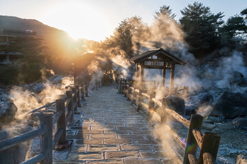 Silhouette Unzen Hell Jigoku with sulfur gas at sunset, Nagasaki