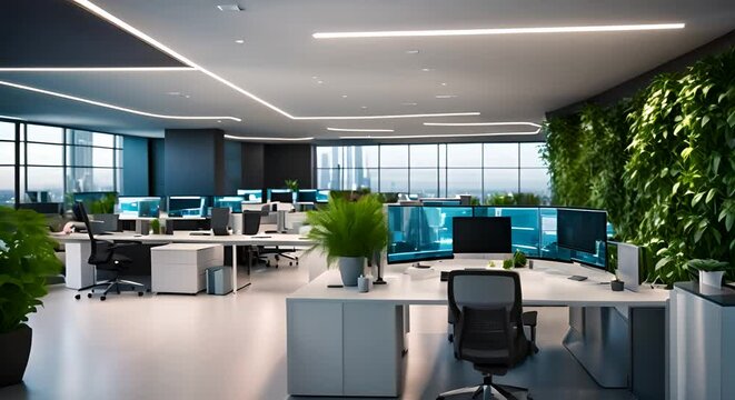 Futuristic office interior equipped with computers on tables and chairs