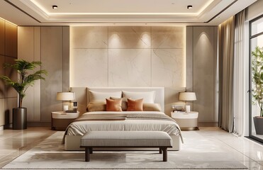 Modern bedroom with a large bed and beige wall panel, a white headboard in the style of luxury mansion interior design of a modern home living room