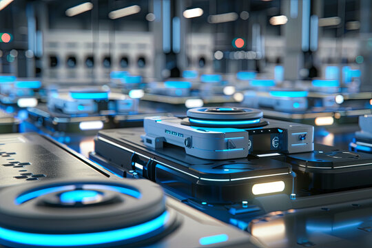 Futuristic automated warehouse with 3D rendering of robotic systems efficiently managing inventory