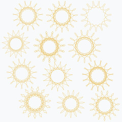 Collection of drawn sun signs.  Design elements in the form of a stencil. Isolated vector on white background.