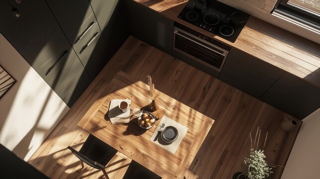 A kitchen with a wooden table and a food stand, simple yet warm with natural light. viewed from above.