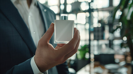 mockup, white square perfume bottle held by a man in a suit, Ai generated Images
