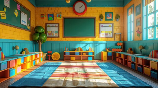 childcentered classroom flat design front view contributions of Jean Piaget cartoon drawing vivid colors