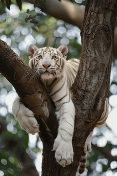 Rare white tigers climbing trees in their natural jungle habitat