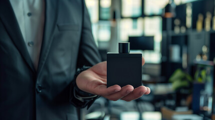 mockup black square perfume bottle held by a man in a suit, Ai generated Images