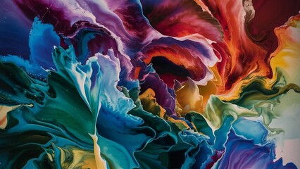 Naklejka premium Abstract fluid art piece that showcases a symphony of vibrant colors. The dynamic, flowing movement of the liquid paintcreates an endless dance of curves and swirls, reminiscent of a cosmic ballet. 