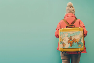 Young woman with a yellow suitcase with a world map on her back The girl is wearing a red jacket and a white hat She is standing in front of - Powered by Adobe